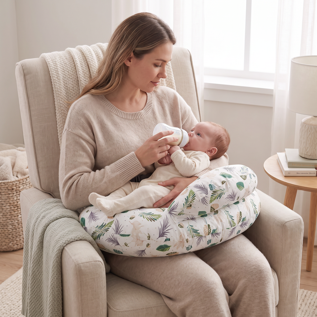 Mother feeding baby with cradle nursing pillow buckled at waist