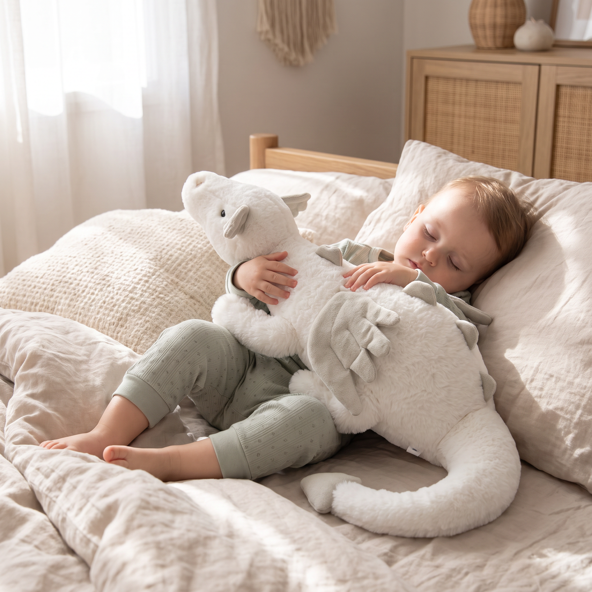 Child hugging long dragon plush pillow on a bed