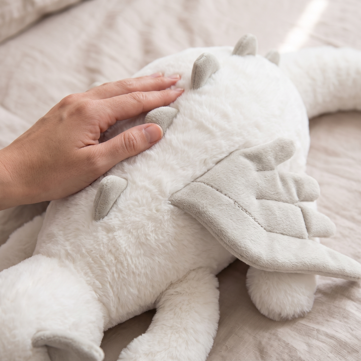 Close up of silky short plush dragon fabric spikes and wings