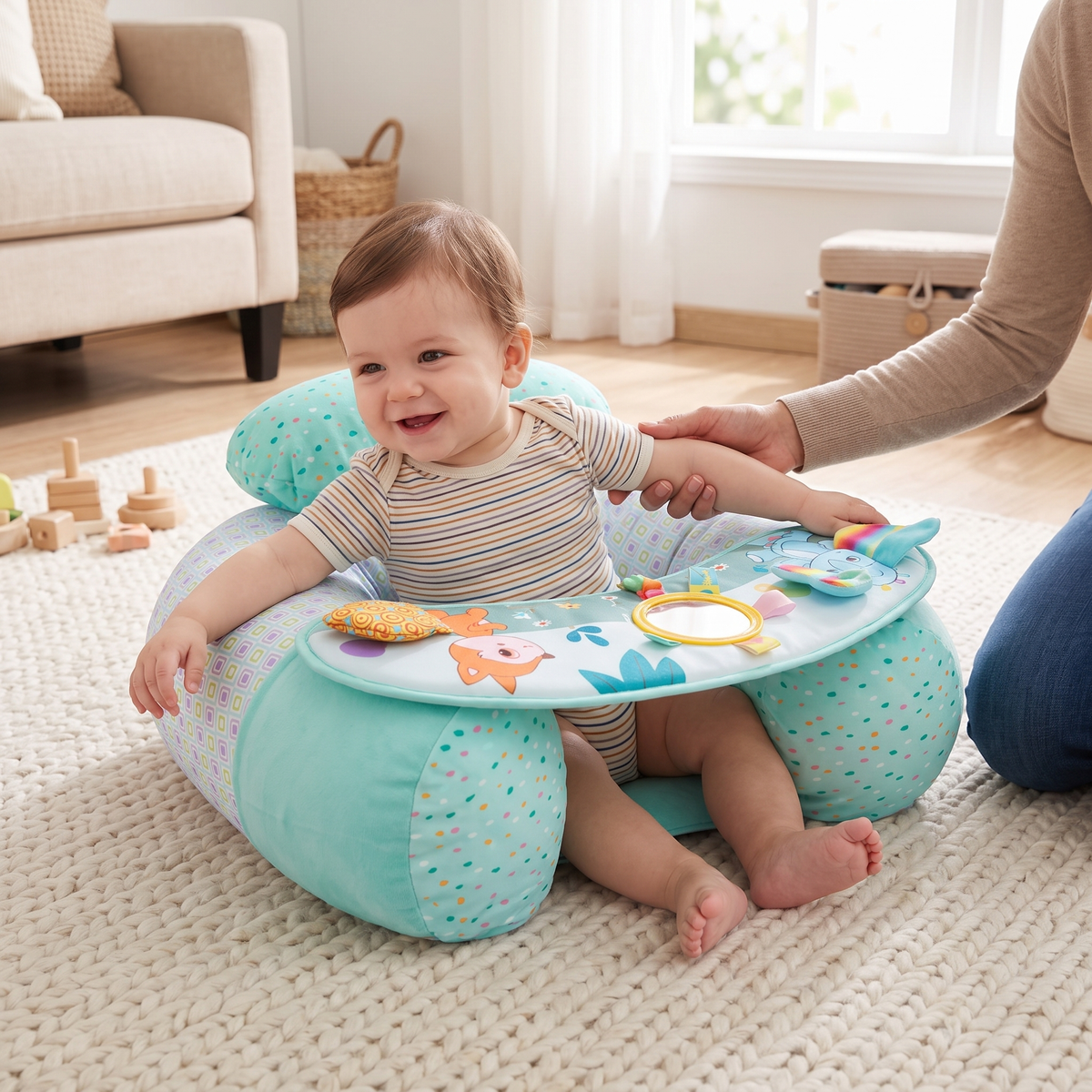 Baby caught by padded sides of inflatable floor seat while sitting