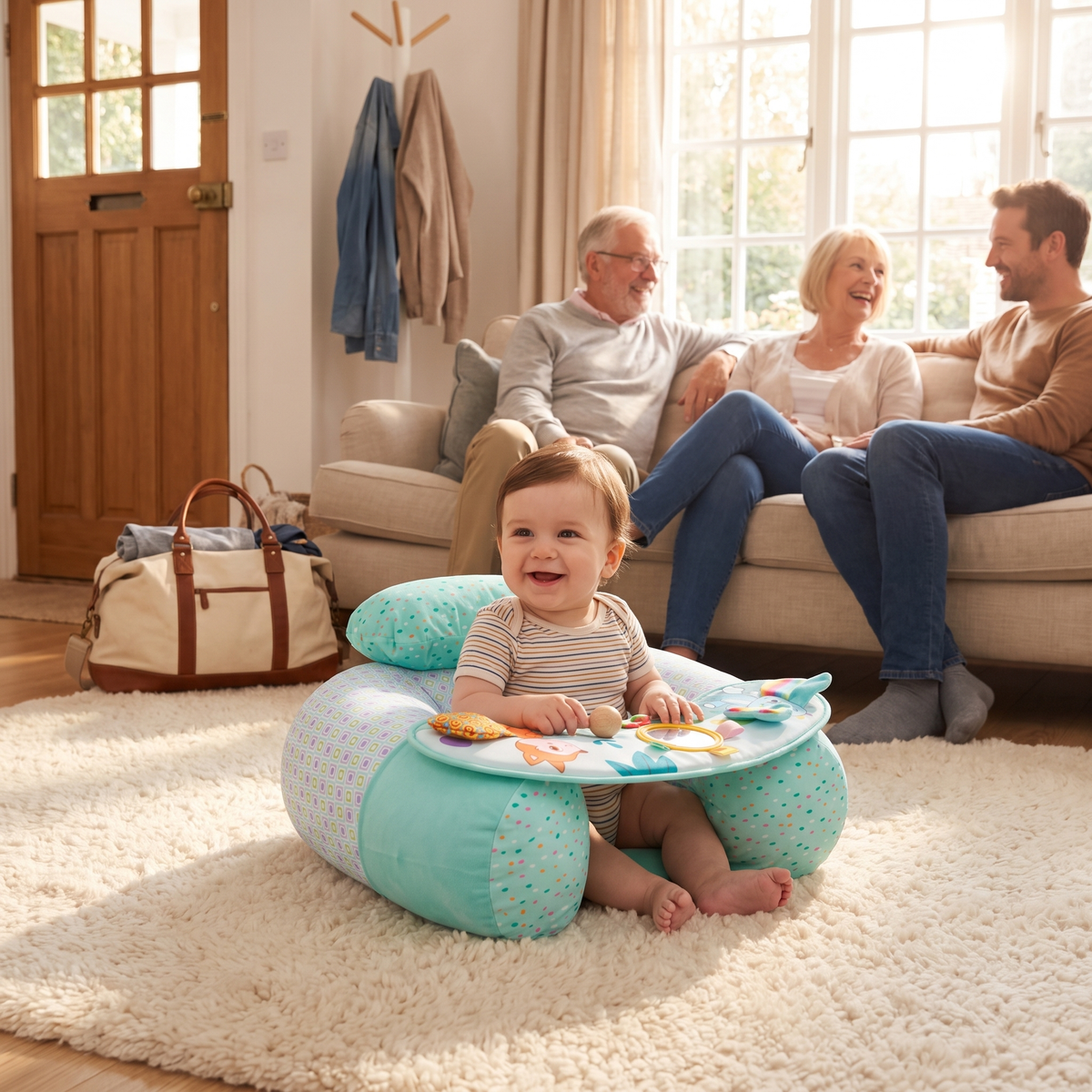 Baby in inflatable floor seat during a family visit
