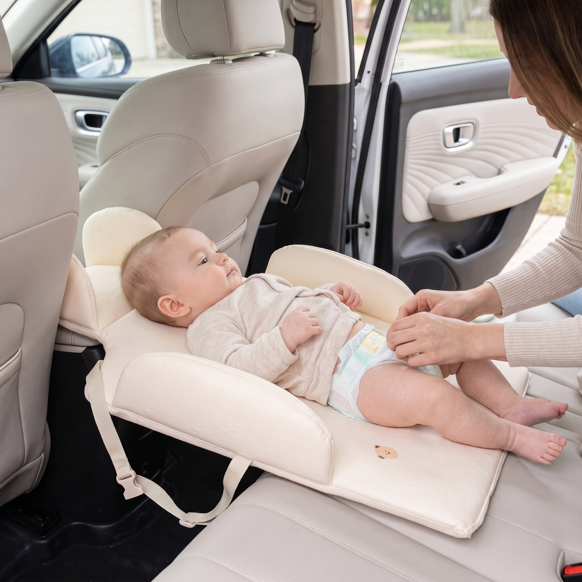 Baby on padded changing pad across parked car back seat