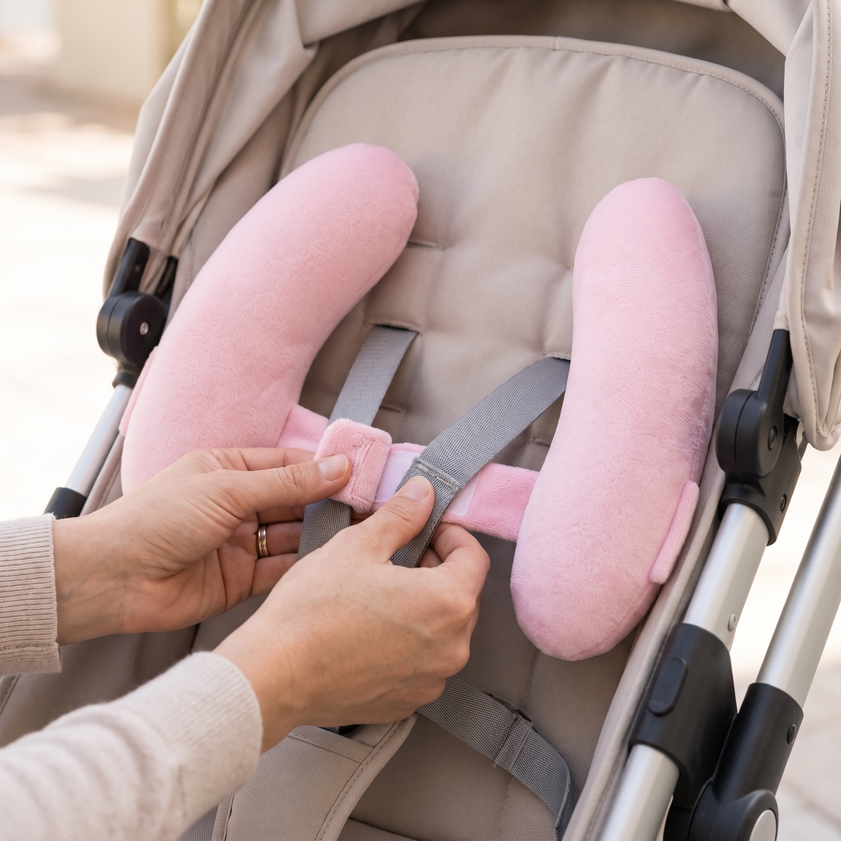 Hands fastening hook and loop strap of baby head support