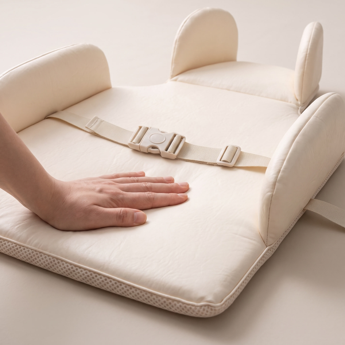 Close up of changing pad padding raised sides and safety buckle