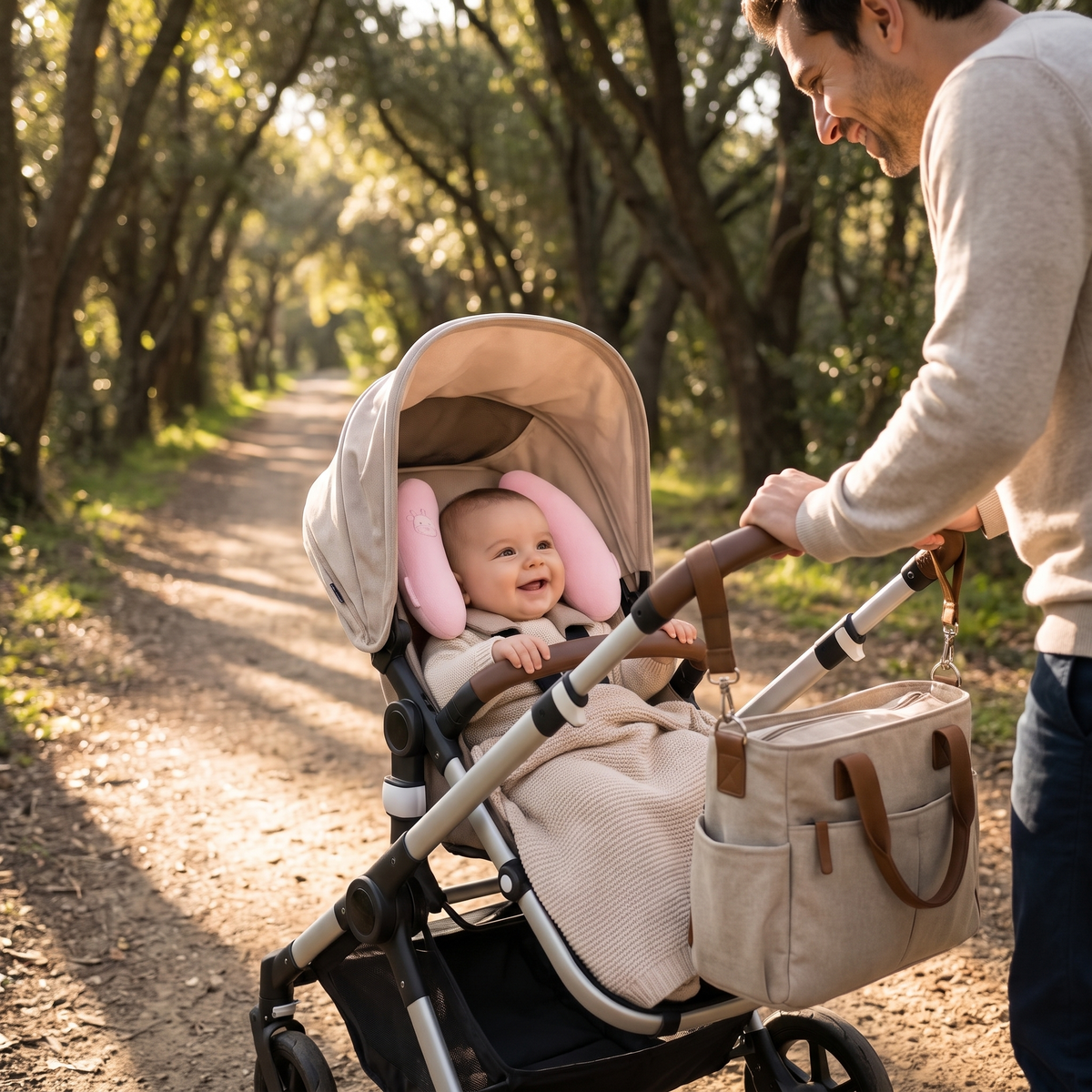 Family walk with baby using head support pillow in stroller