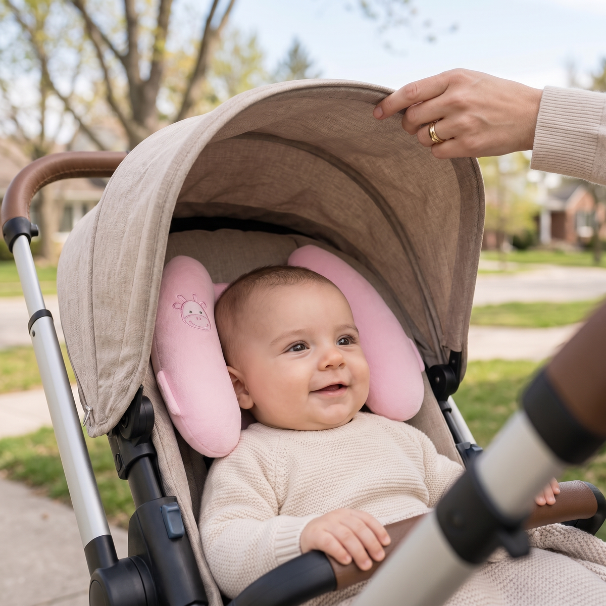 Baby head support cushion keeping head centered in a stroller
