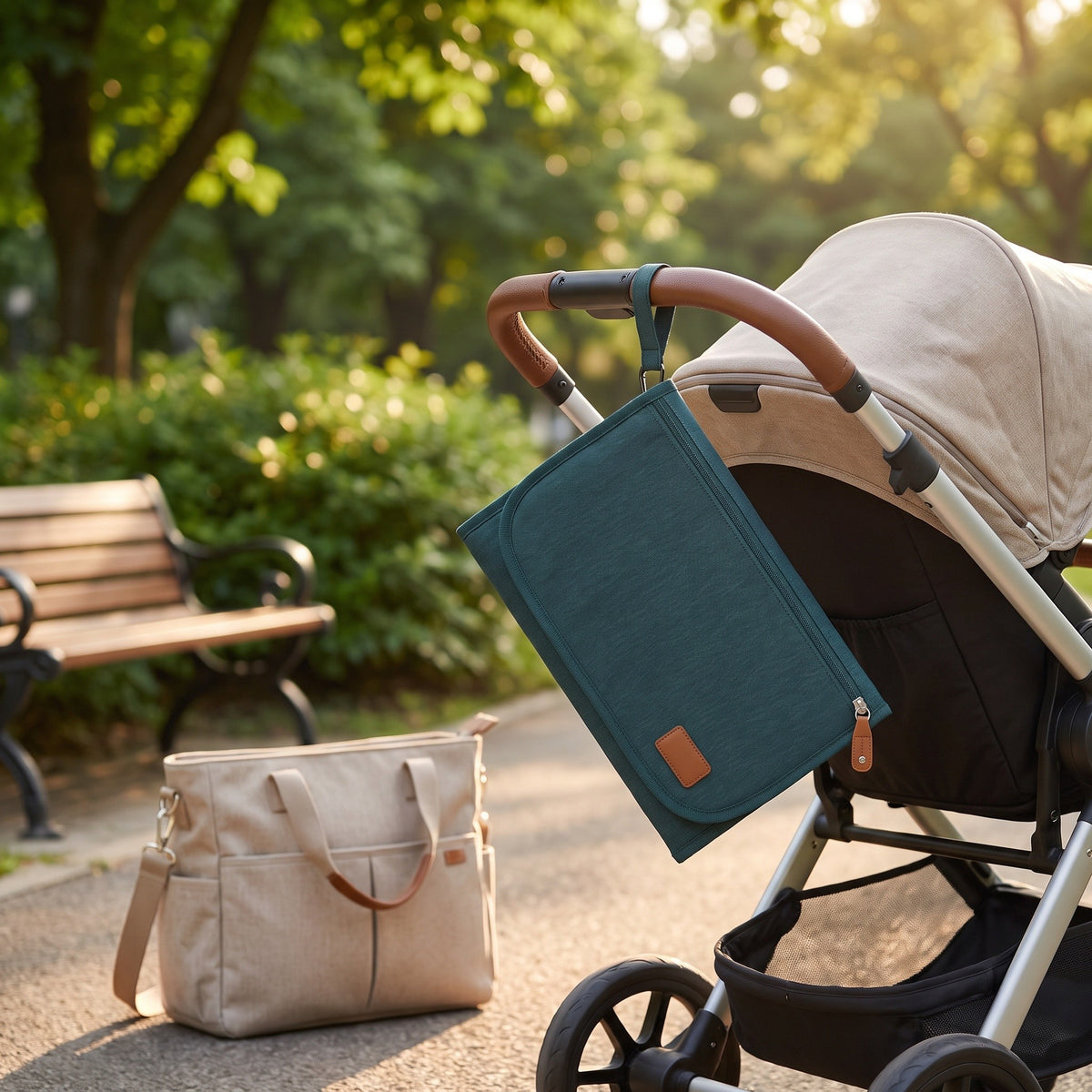 momi-01-3 folded changing pad clipped to stroller
