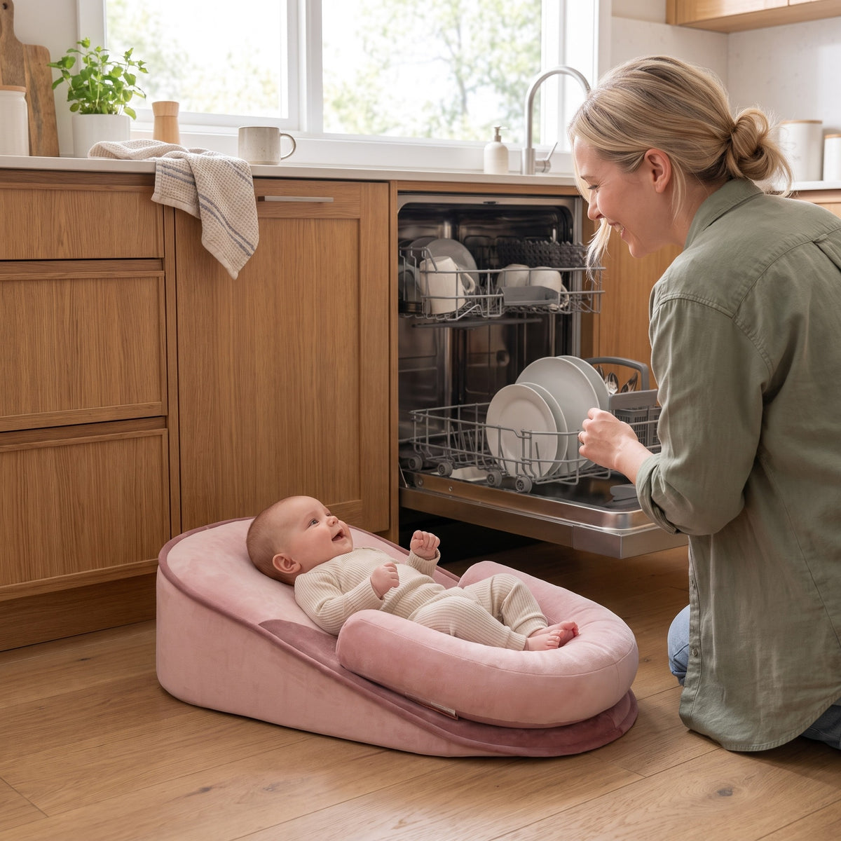 momi-02-3 baby lounger on kitchen floor