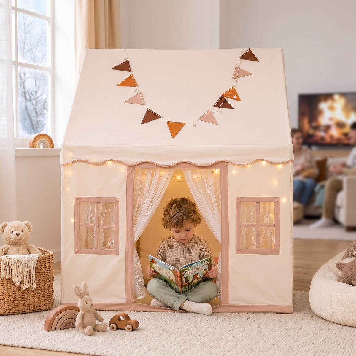 momi-03-1 child reading inside cotton play tent