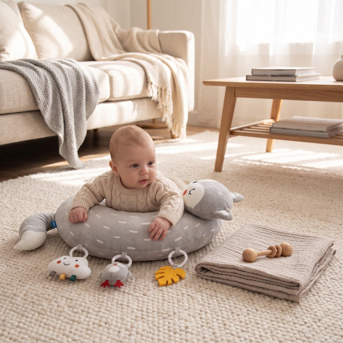 momi-06-3 tummy time pillow on living room rug