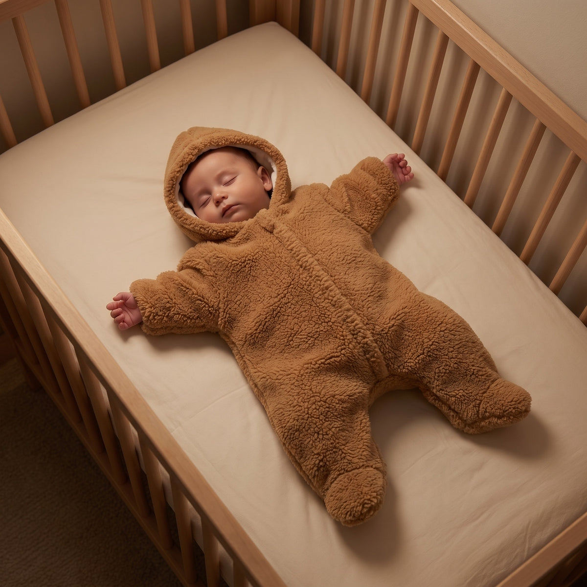 momi-07-1 baby asleep in sleep sack in bare crib