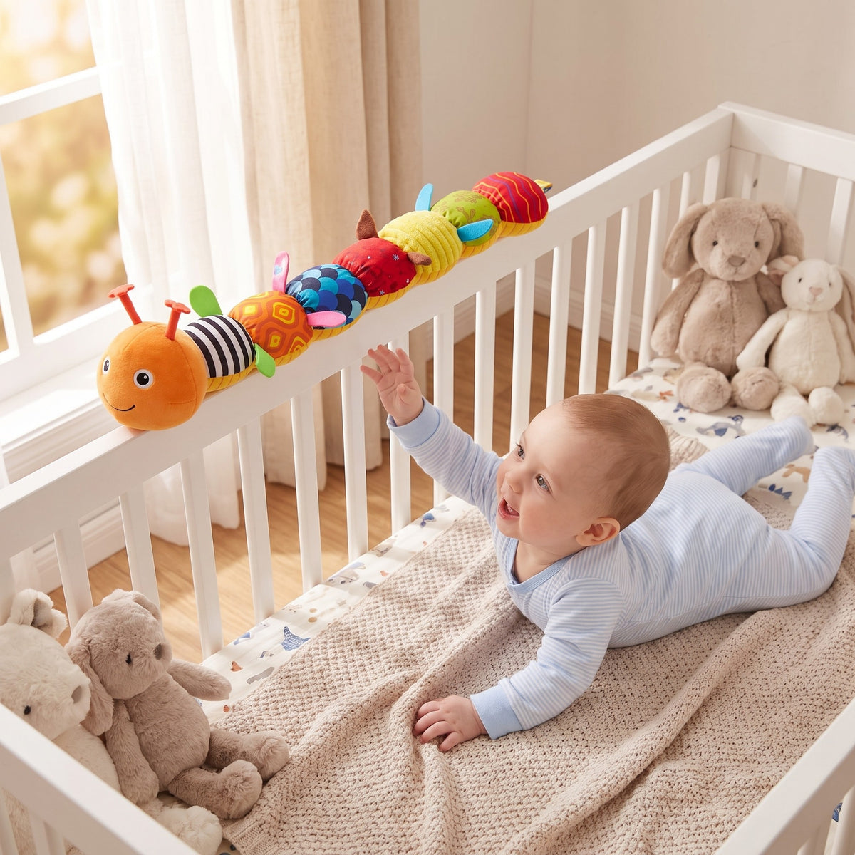 momi-13-3 caterpillar plush draped on crib rail