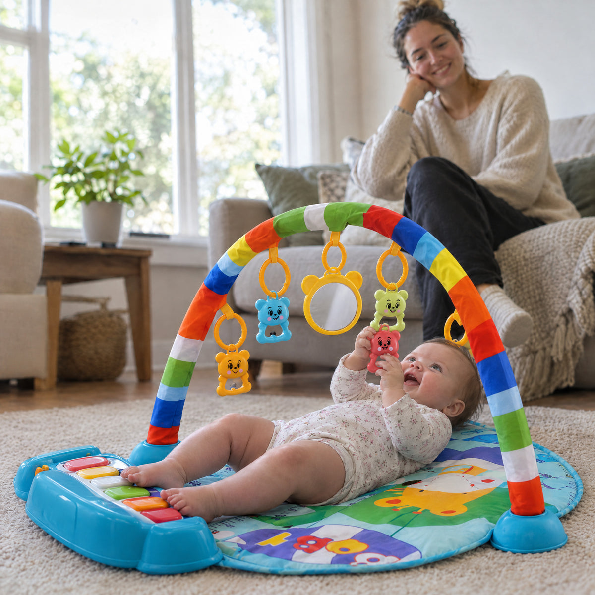 3-in-1 Baby Play Gym & Piano Play Mat, after: With Momi Toys play gym