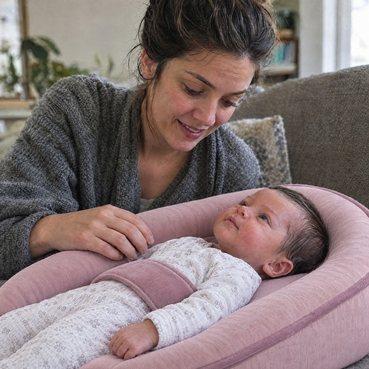 Newborn resting on the Momi Toys pink inclined lounger on the sofa while mom leans over