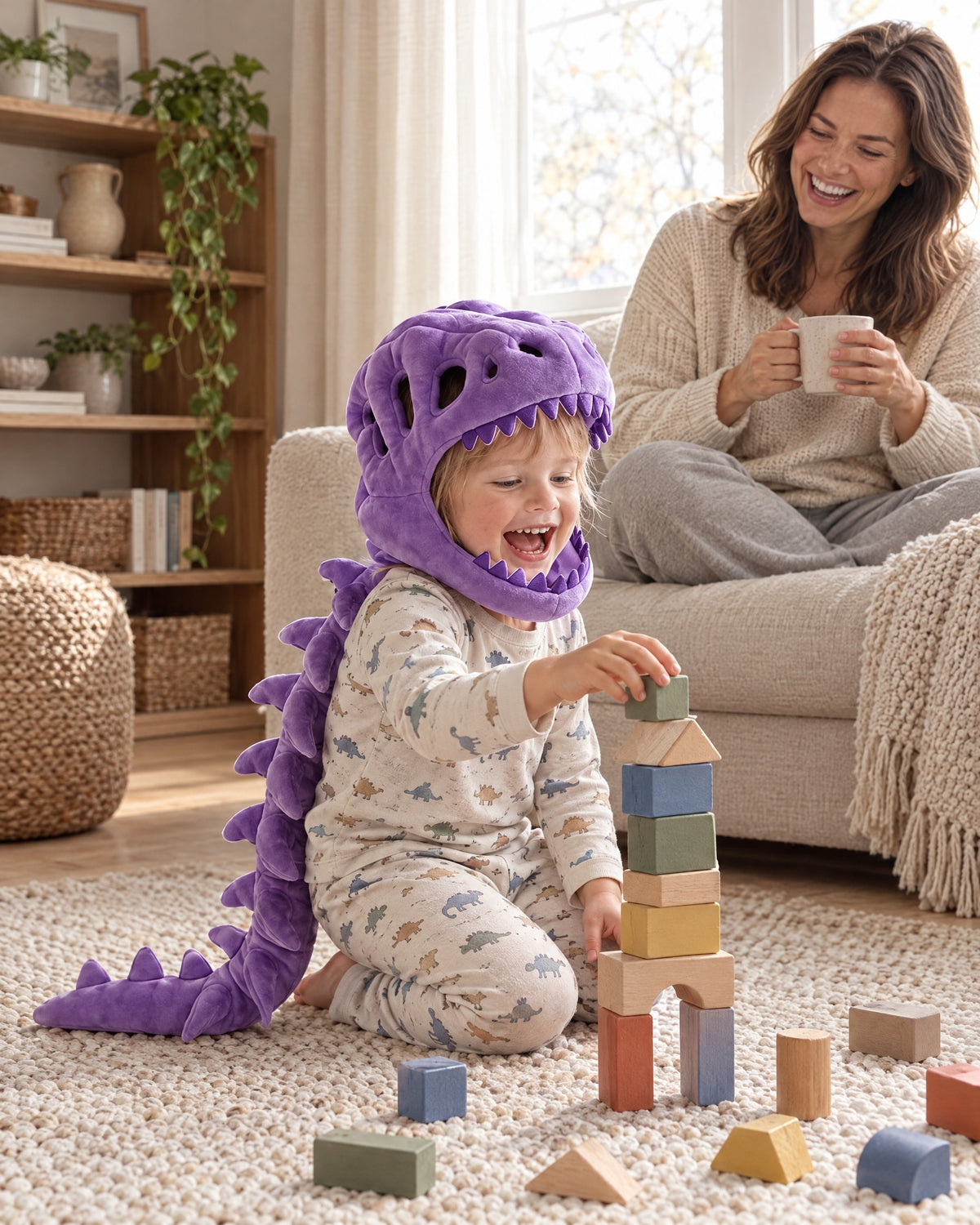 Kid playing with blocks at home in Momi Toys purple dinosaur hood and tail after Halloween