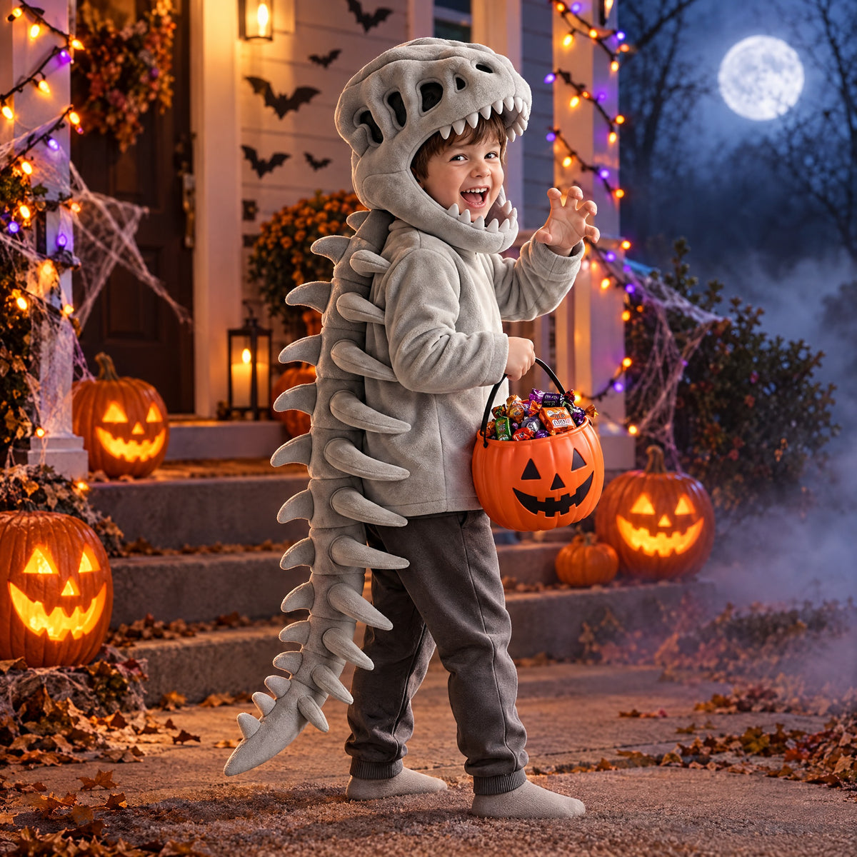 Same kid on Halloween roaring in Momi Toys dinosaur hood and tail with a full candy bucket