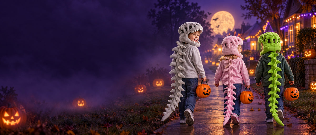 Three kids in Momi Toys dinosaur hood and tail sets walking down a foggy Halloween street