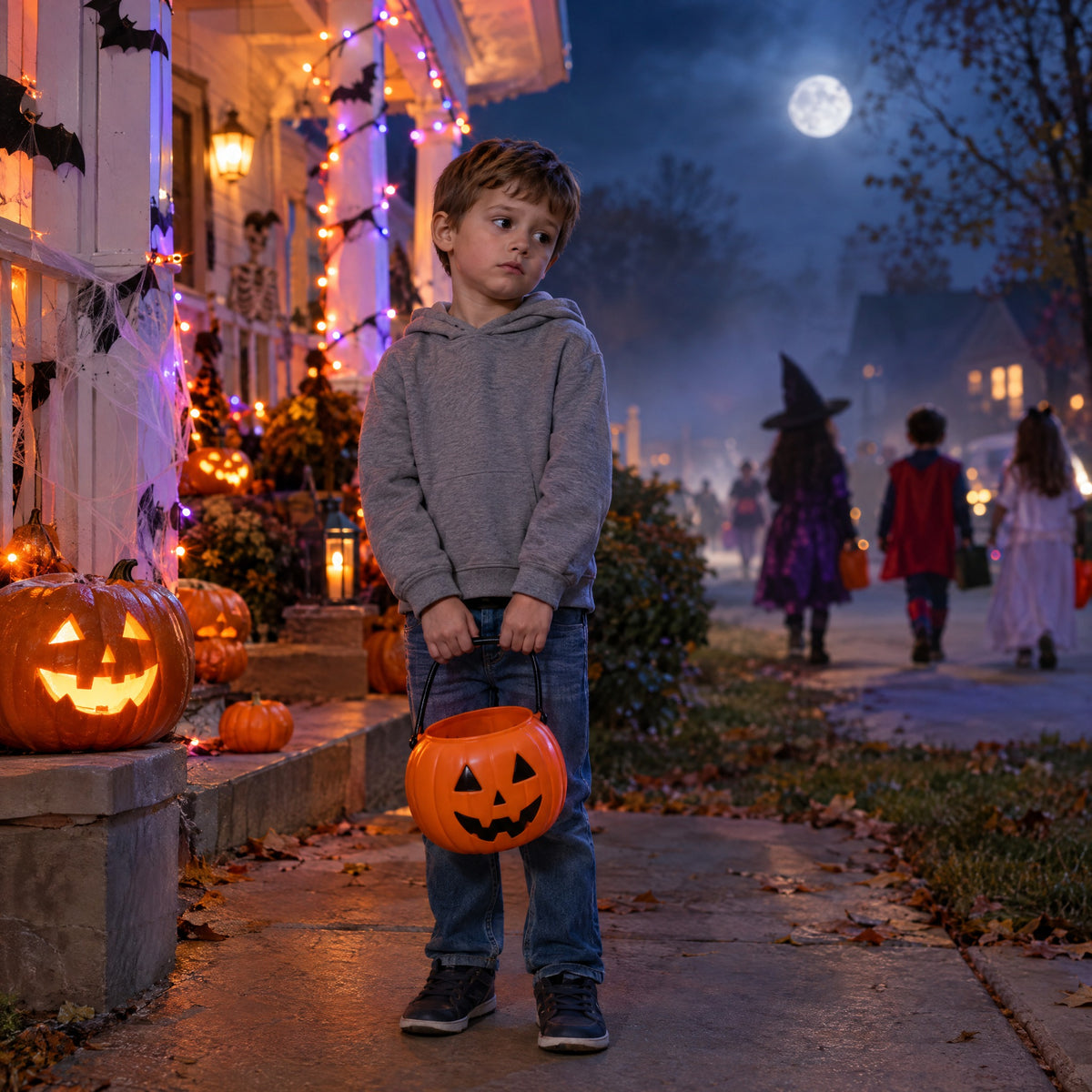 Halloween in plain clothes with an empty candy bucket