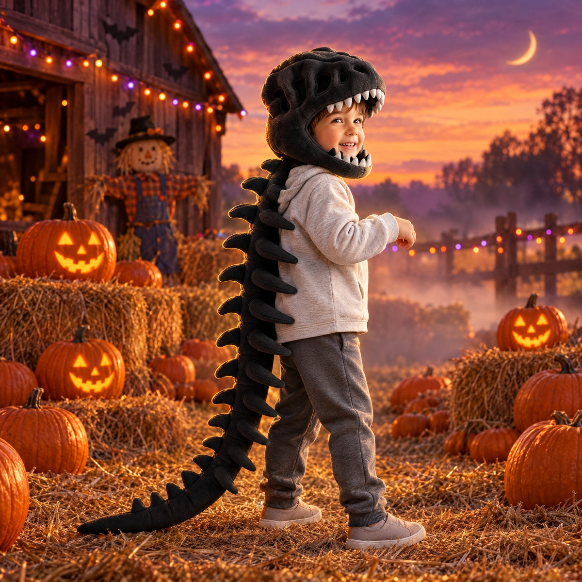 Kid in Momi Toys black plush dinosaur hood and tail in a Halloween pumpkin patch