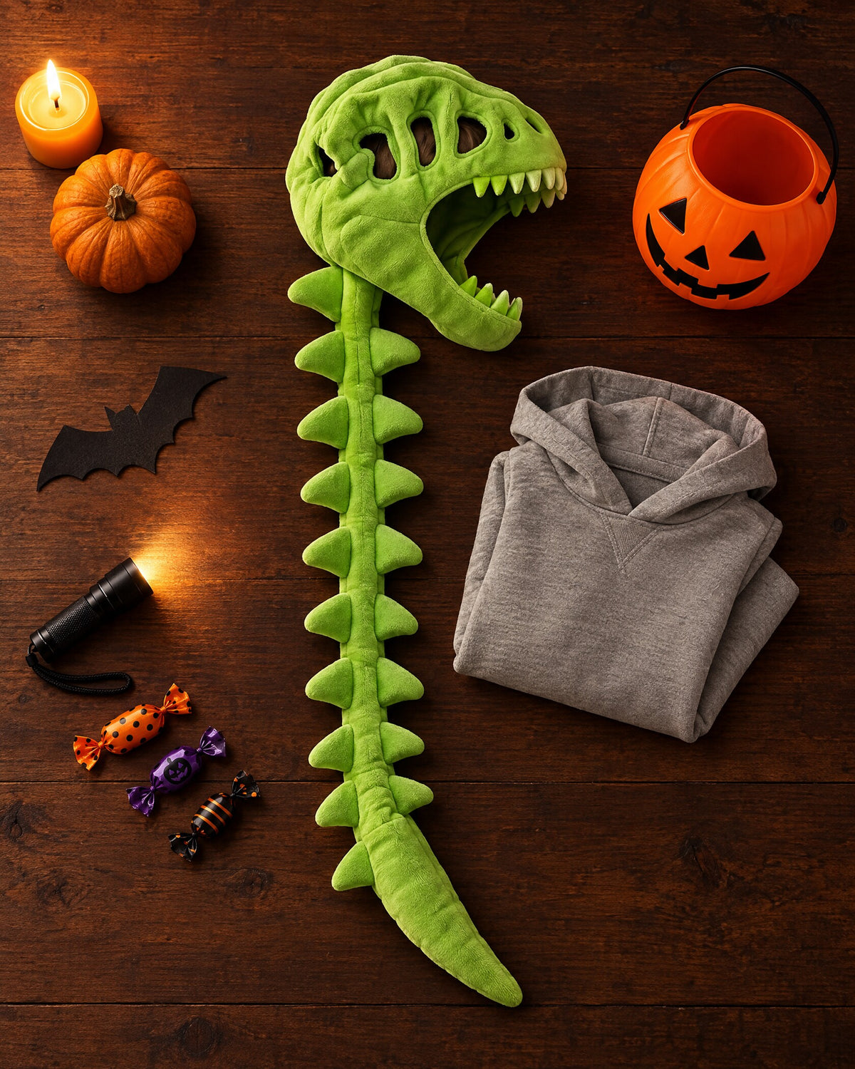 Trick-or-treat checklist flat lay with green dinosaur hood and tail, hoodie and candy bucket