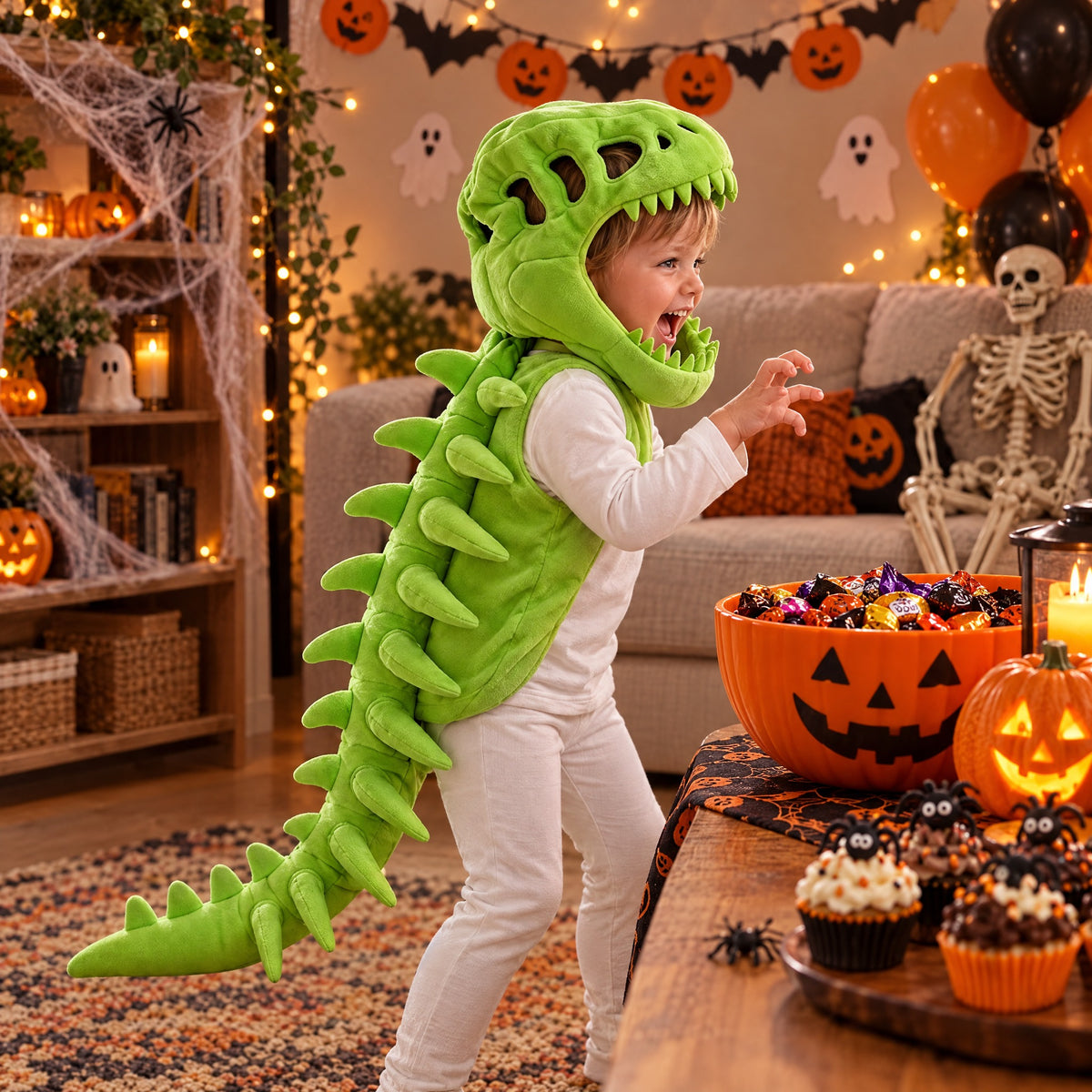 Kid in Momi Toys green plush dinosaur hood and tail at a Halloween party