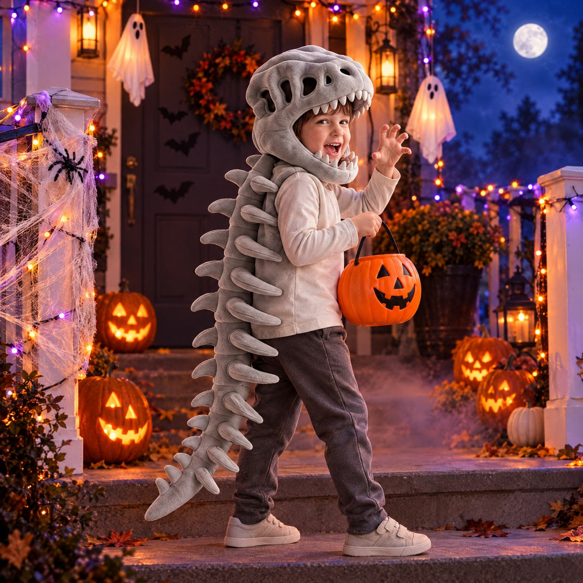 Kid trick-or-treating in Momi Toys grey plush dinosaur hood and tail on a Halloween porch