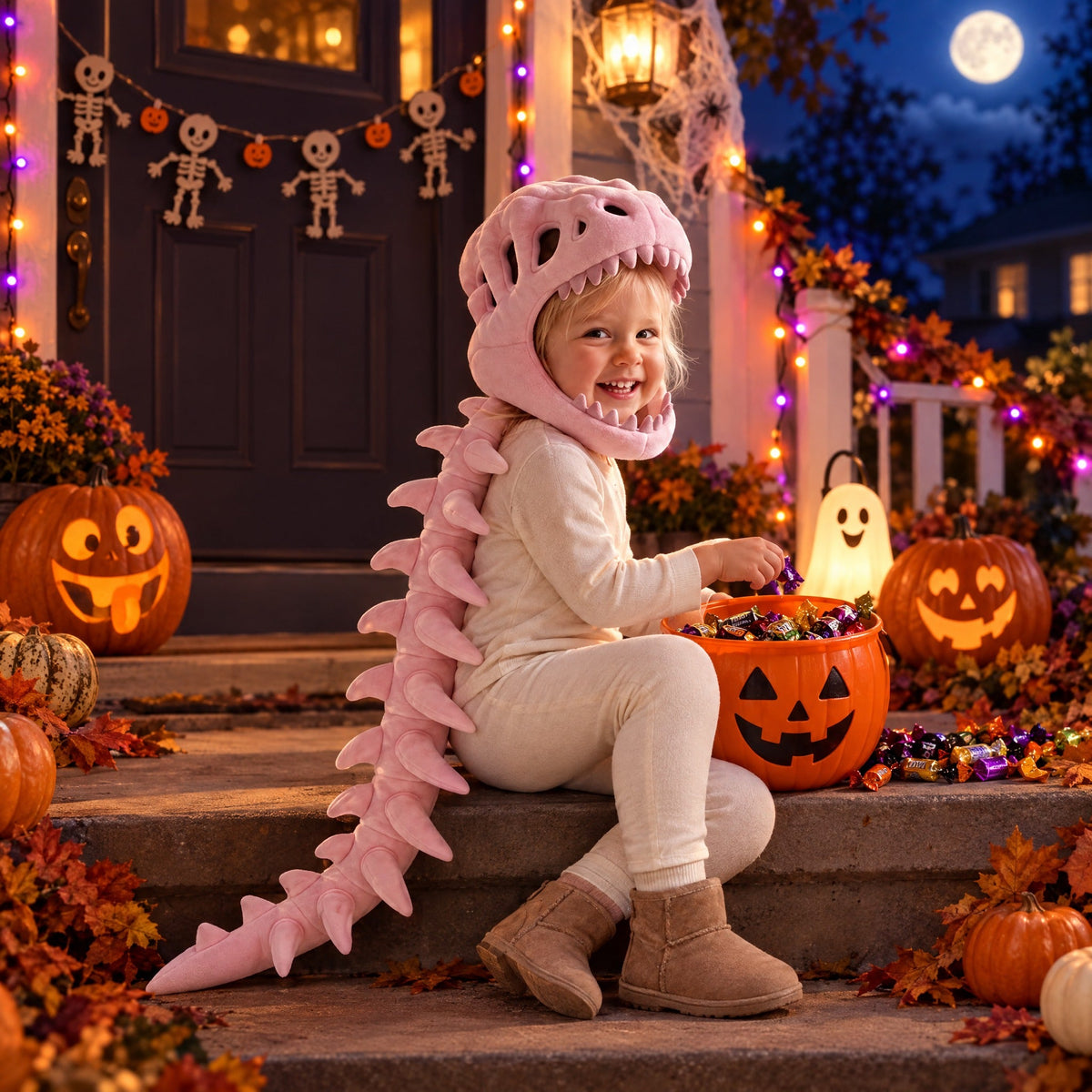 Kid in Momi Toys pink plush dinosaur hood and tail sorting Halloween candy on a doorstep