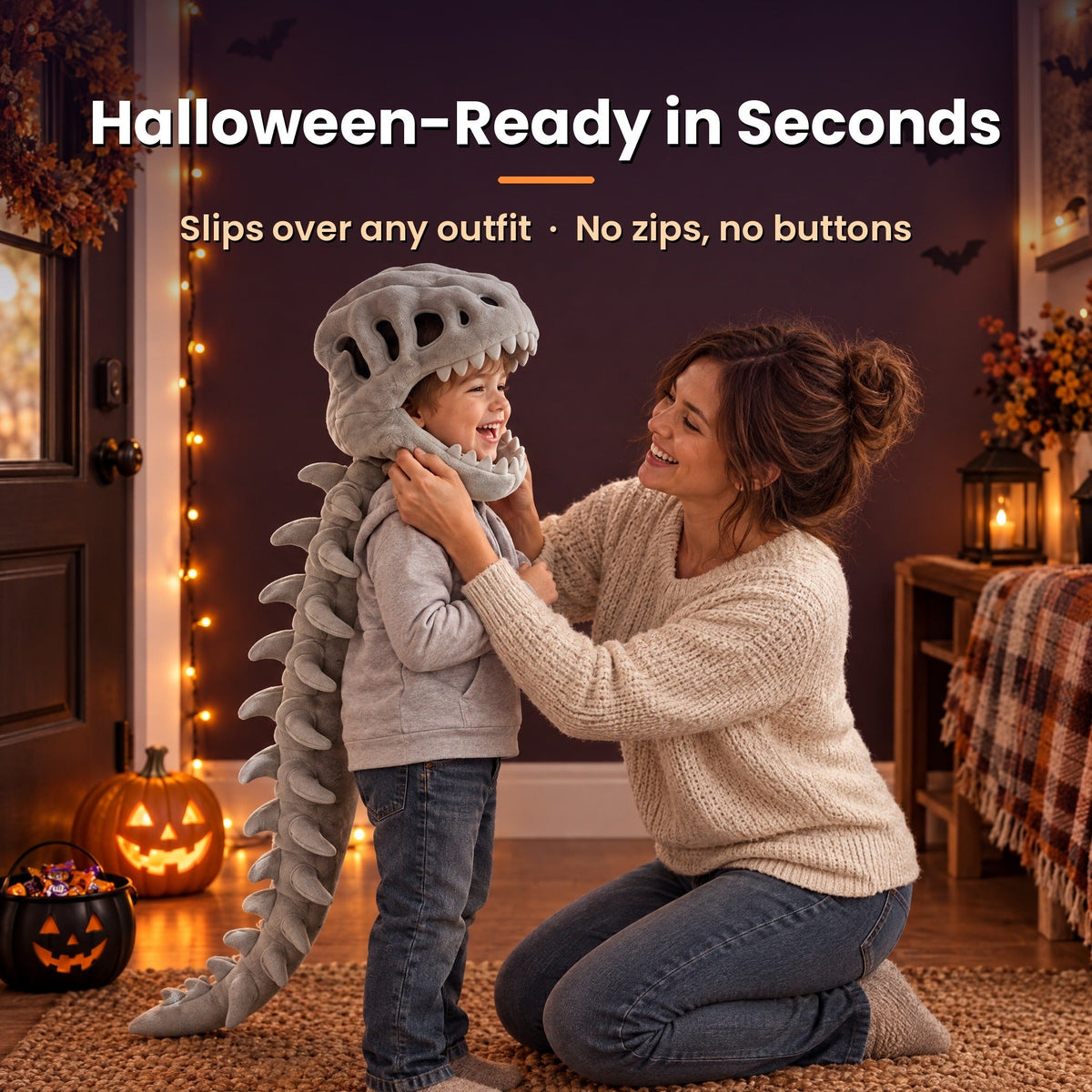 Halloween-ready in seconds: dinosaur hood slips over any outfit, no zips, no buttons
