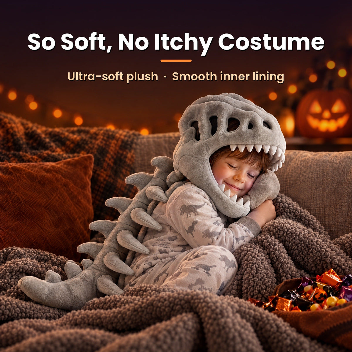 So soft, no itchy costume: ultra-soft plush dinosaur hood with smooth inner lining