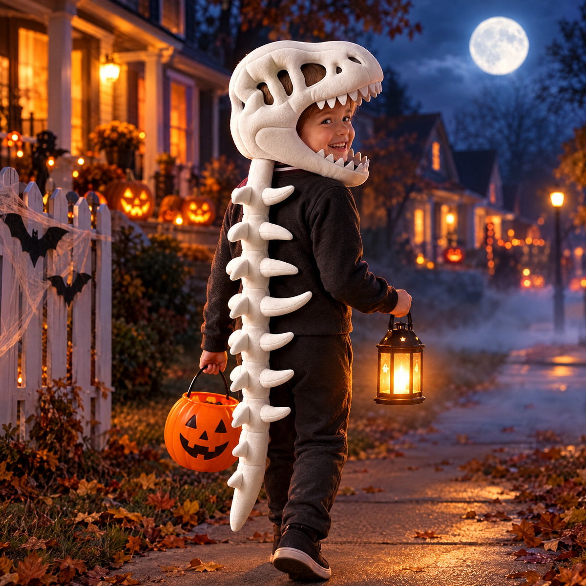Kid in Momi Toys white plush dinosaur hood and tail walking a Halloween street with a lantern