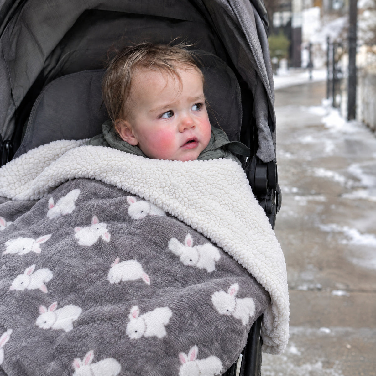 Flannel Baby Blanket, after: With Momi Toys sherpa blanket