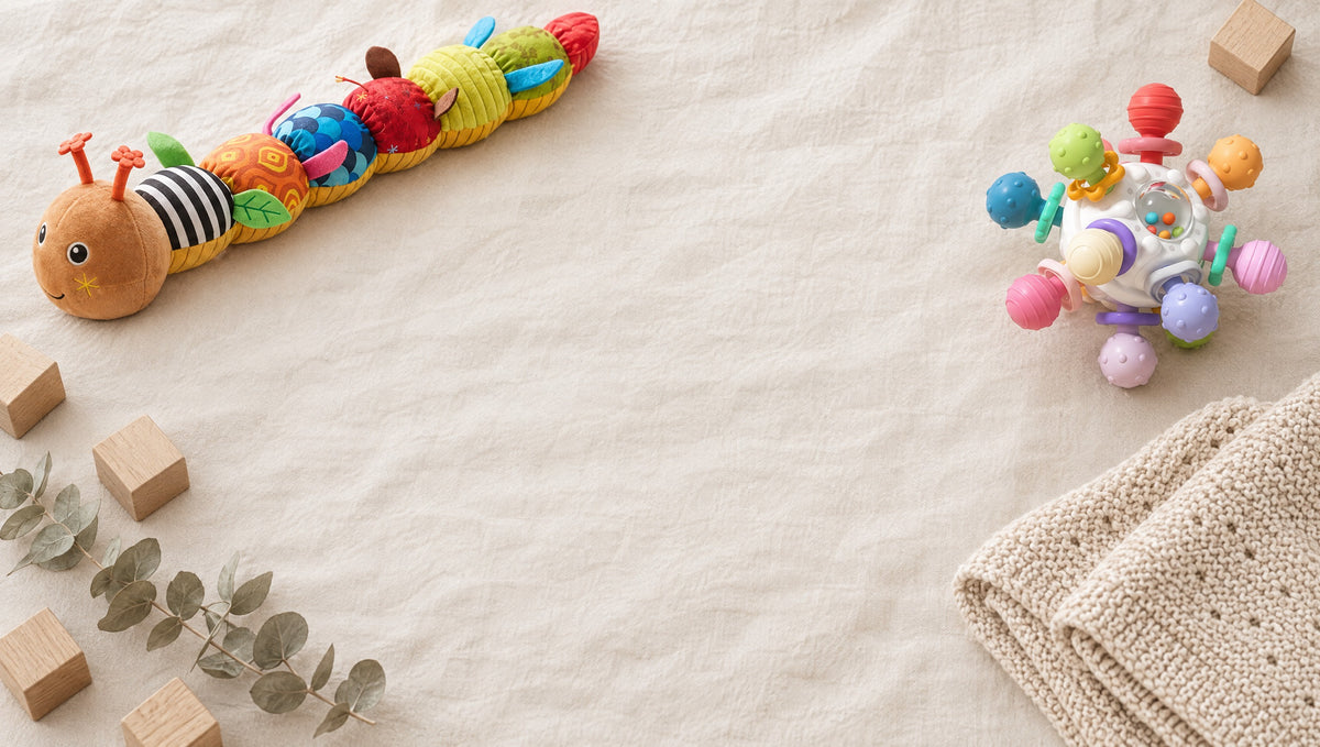 Momi Toys caterpillar plush and sensory teether on cream linen
