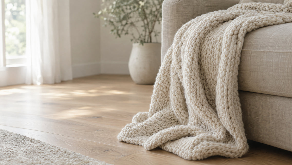 Soft cream knit blanket on a linen sofa and oak floor