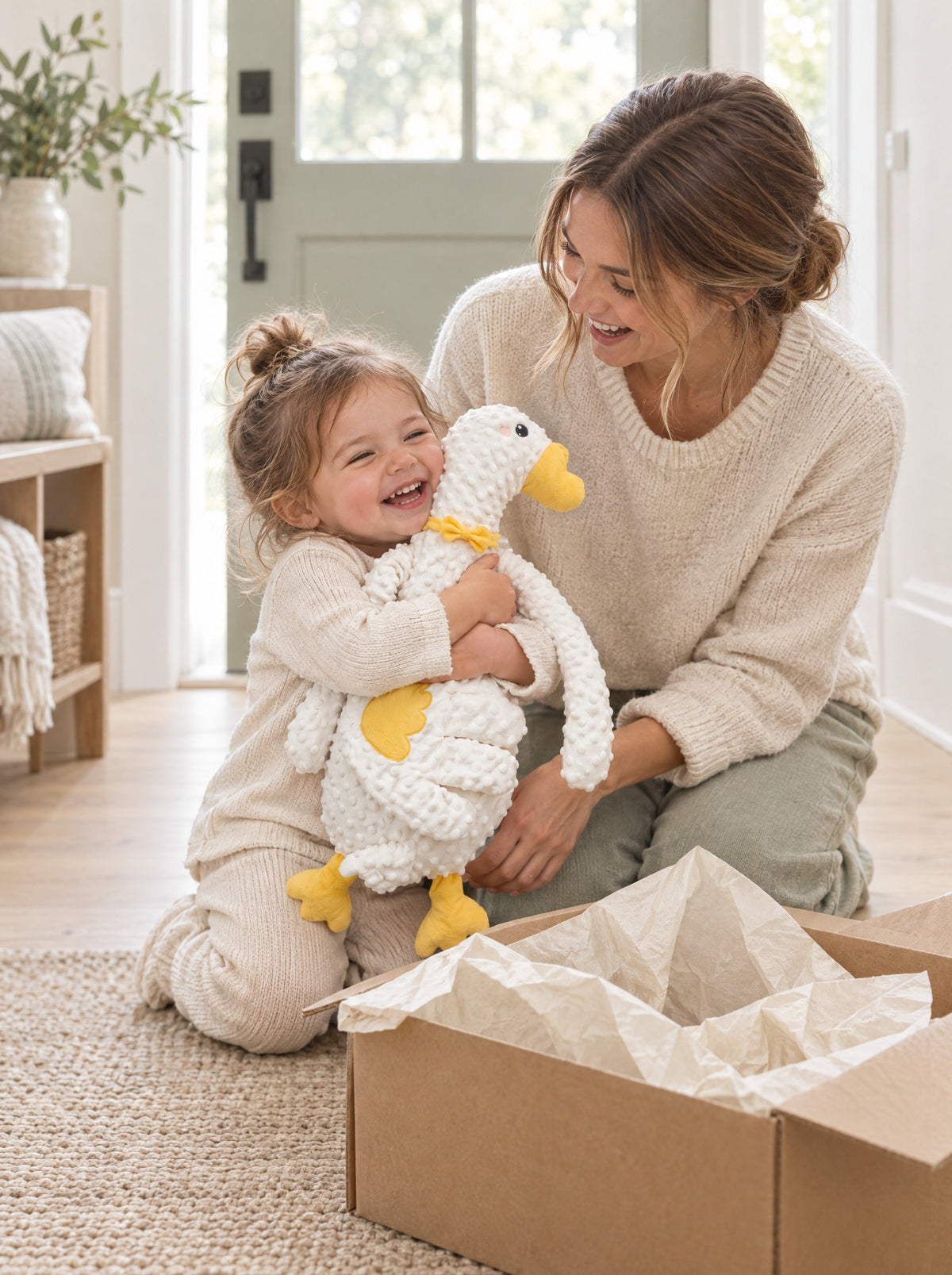 Toddler hugging the Momi Toys duck plush straight out of the box