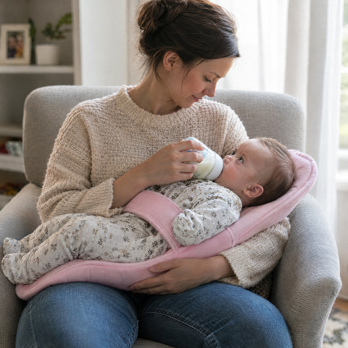 Inclined Nursing Pillow, after: With Momi Toys inclined pillow