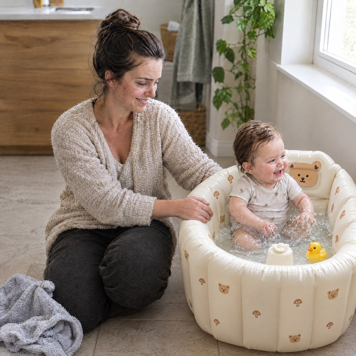 Baby splashing in the Momi Toys inflatable baby bath tub on the bathroom floor with mom