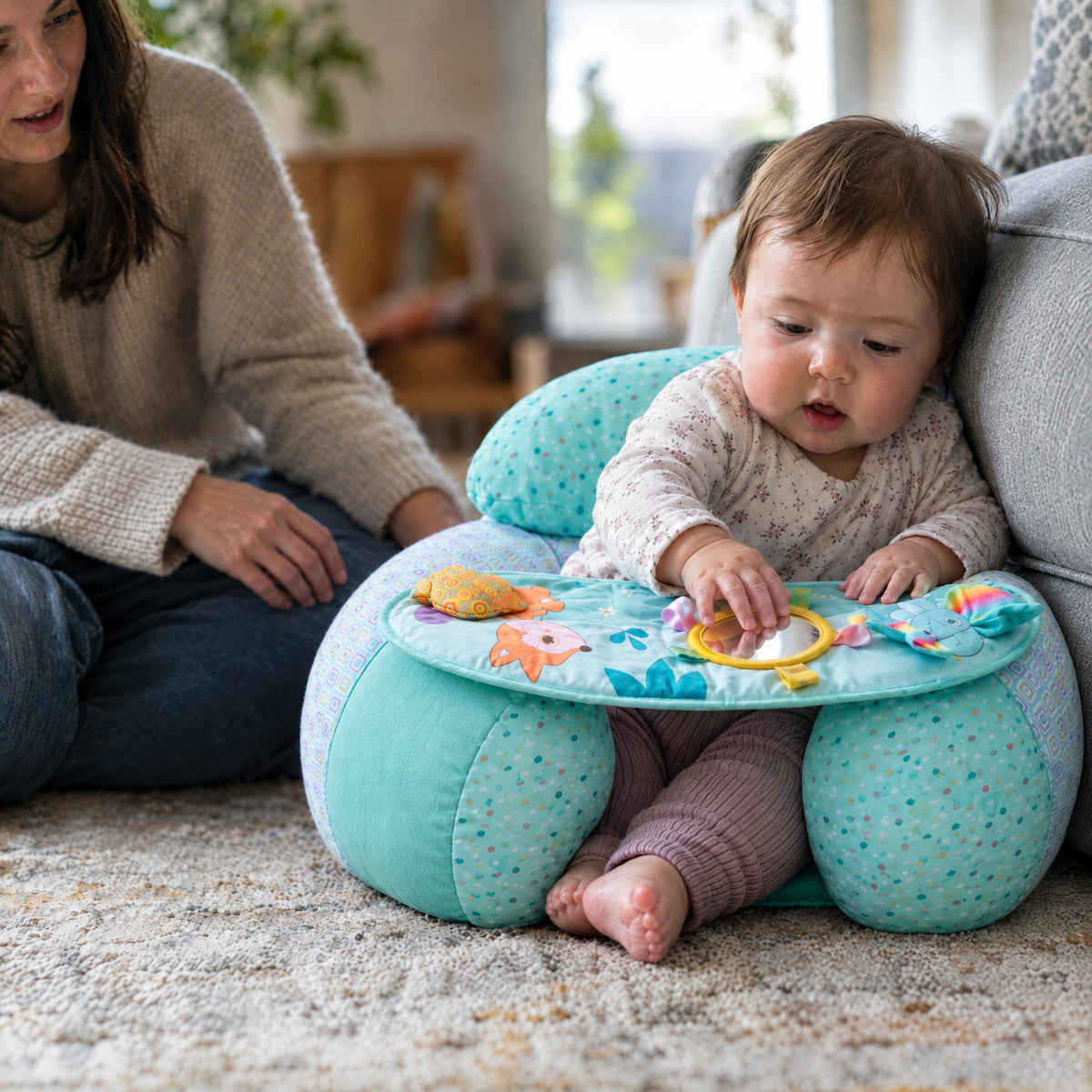 Baby sitting in the Momi Toys inflatable floor seat with activity tray while mom watches