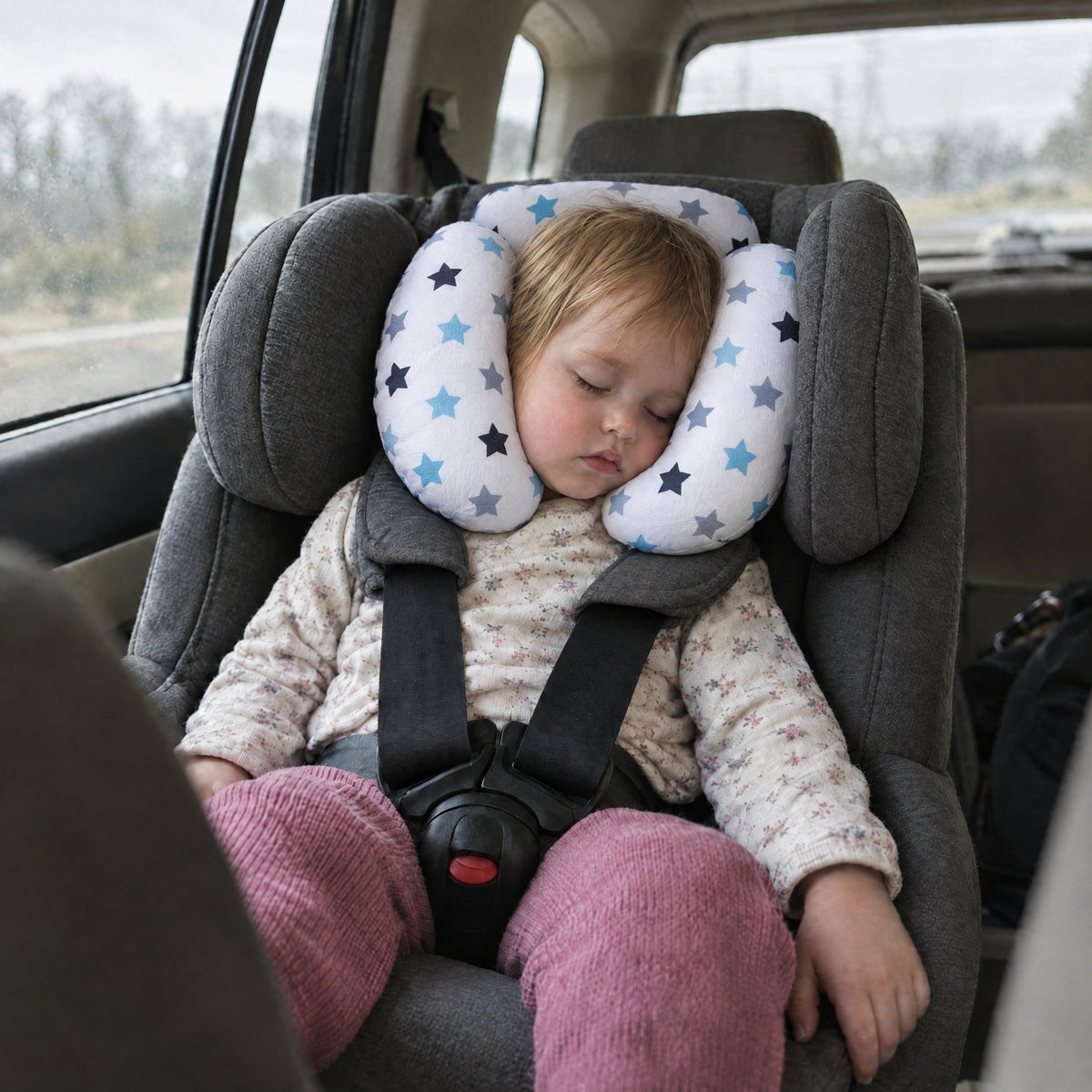 Toddler asleep in a car seat with the Momi Toys star print kids travel pillow