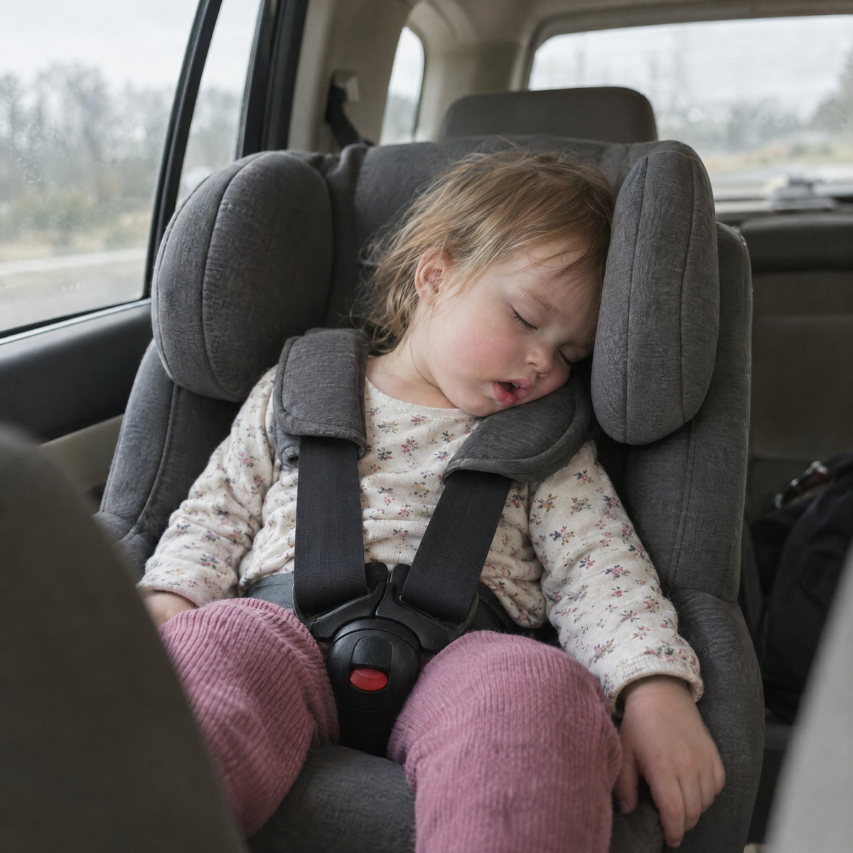 Toddler asleep in a car seat with her head flopped to the side, no neck support