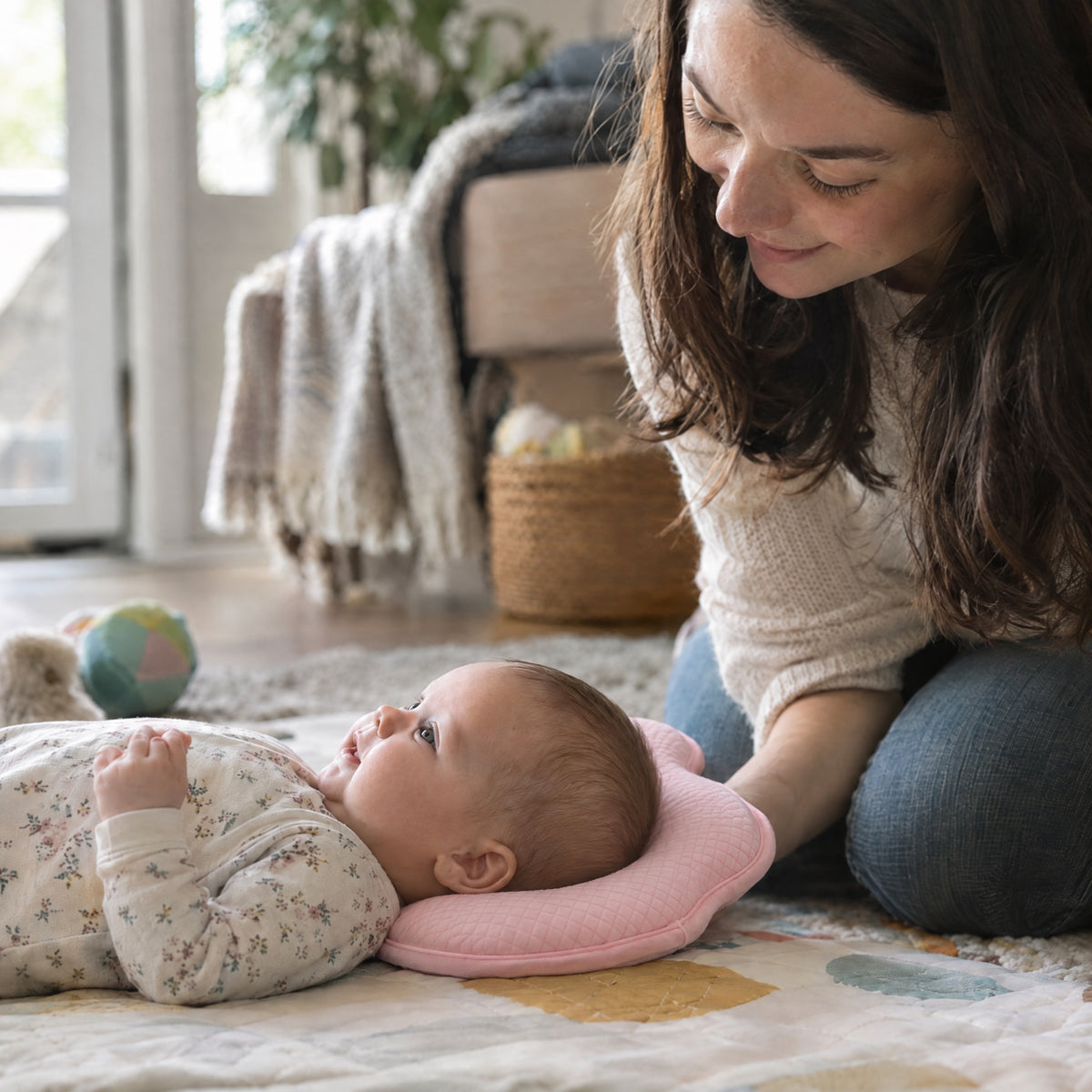 Memory Foam Baby Pillow, after: With Momi Toys baby pillow