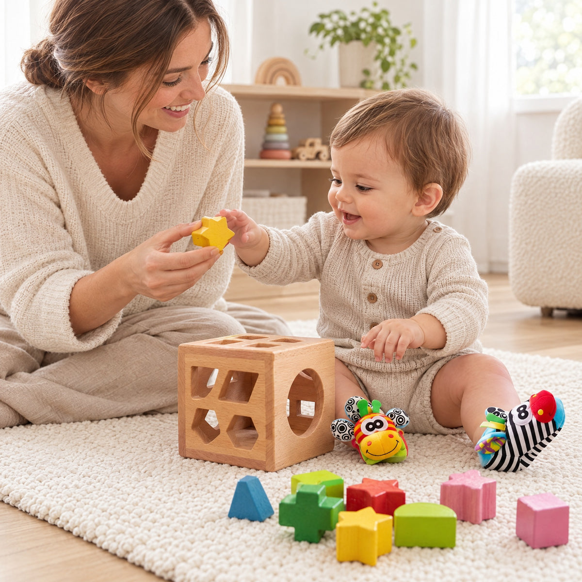 Baby playing with a wooden shape sorter cube and sensory rattle socks beside mom
