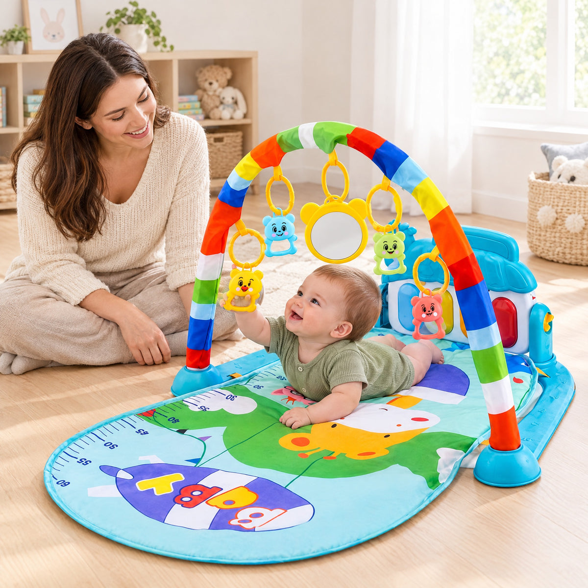 Baby doing tummy time on a piano play gym mat while mom watches