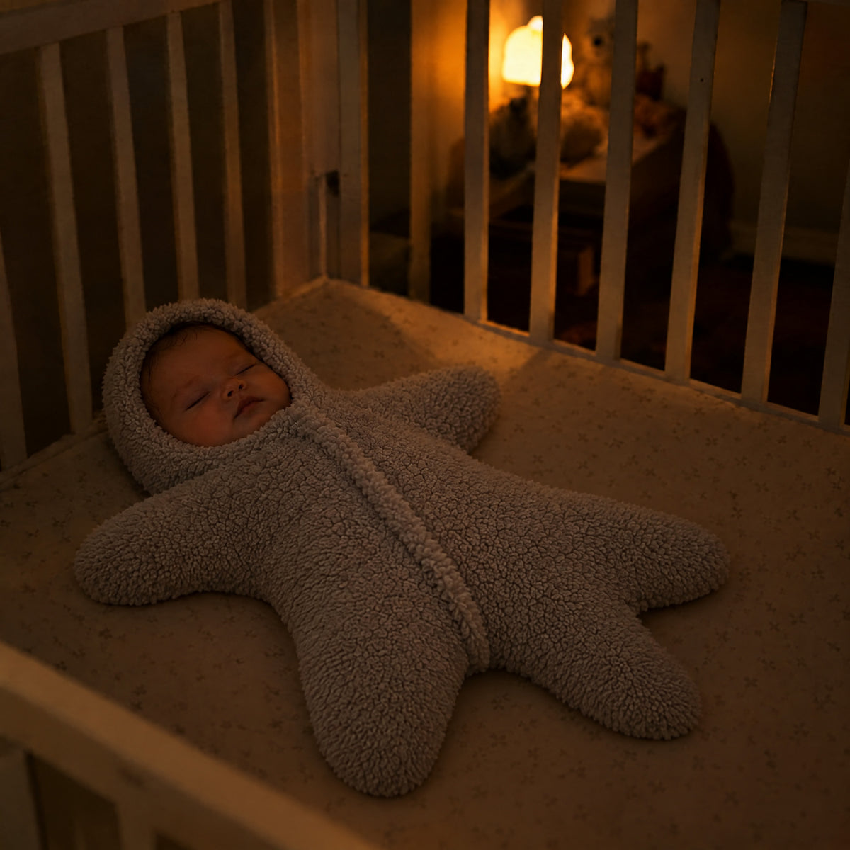 Newborn asleep in a crib wearing the Momi Toys grey starfish sleep sack