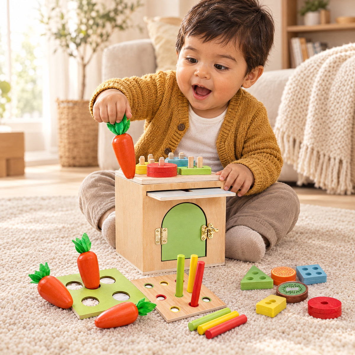 Child playing with the Momi Toys 6 in 1 wooden sorting cube lifestyle photo