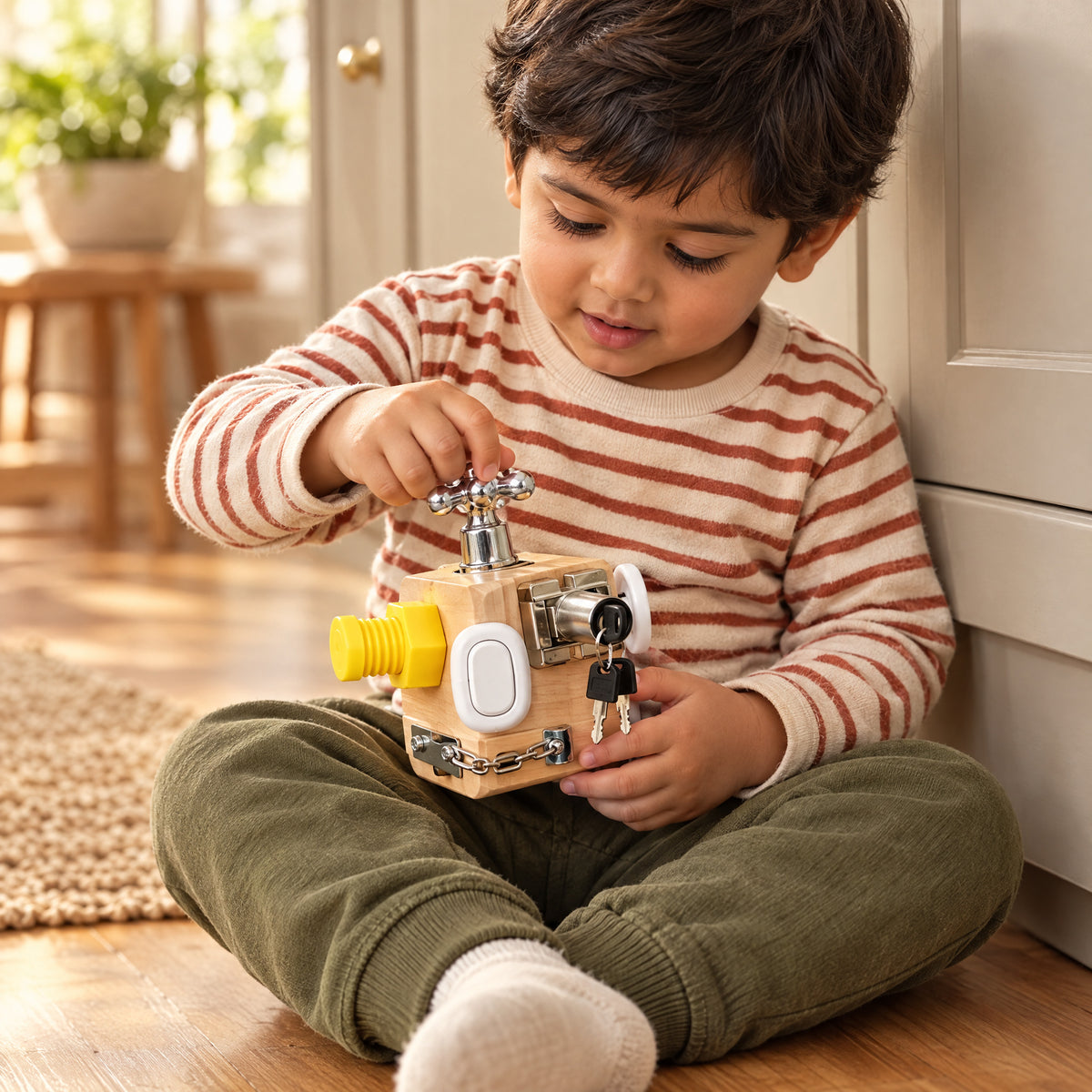 Child playing with the Momi Toys busy cube activity toy lifestyle photo