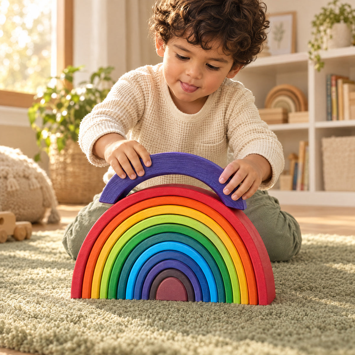 Child playing with the Momi Toys large wooden rainbow stacking toy lifestyle photo