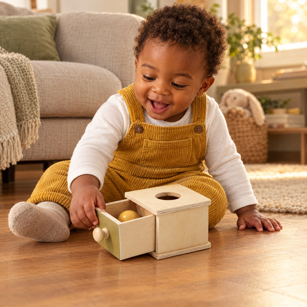 Child playing with the Momi Toys object permanence box 1 ball lifestyle photo