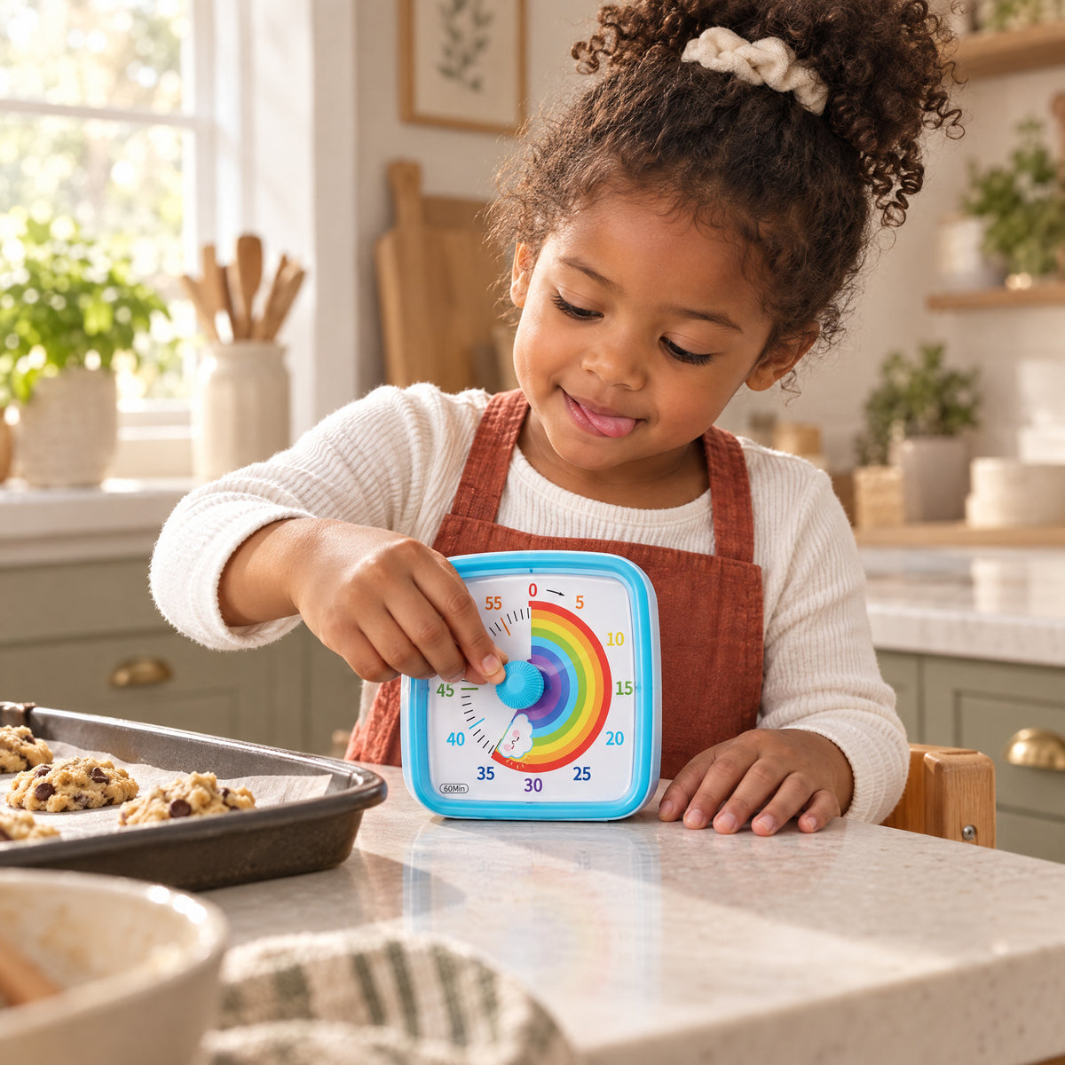 Child playing with the Momi Toys rainbow visual timer blue rainbow lifestyle photo