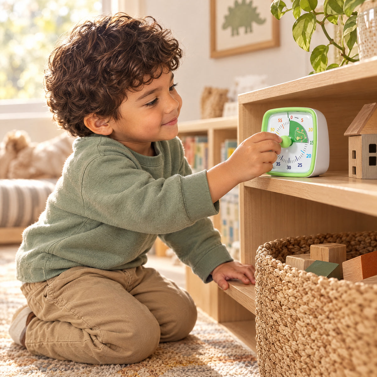 Child playing with the Momi Toys rainbow visual timer green dino lifestyle photo