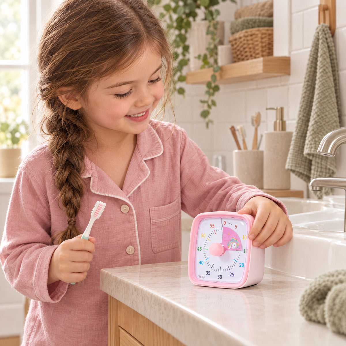 Child playing with the Momi Toys rainbow visual timer pink unicorn lifestyle photo